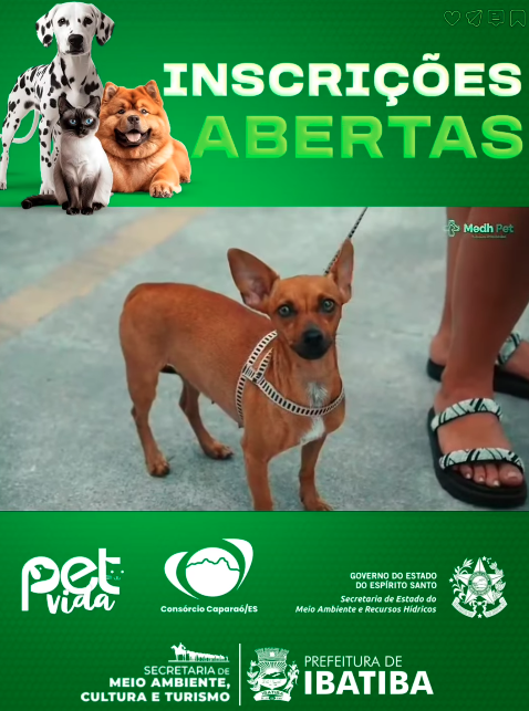 A Prefeitura Municipal de Ibatiba, por meio da Secretaria de Meio Ambiente, Cultura e Turismo, informa que estão abertas as inscrições para o pré-cadastro de castrações e chipagens gratuitas de cães e gatos pelo Programa PetVida.