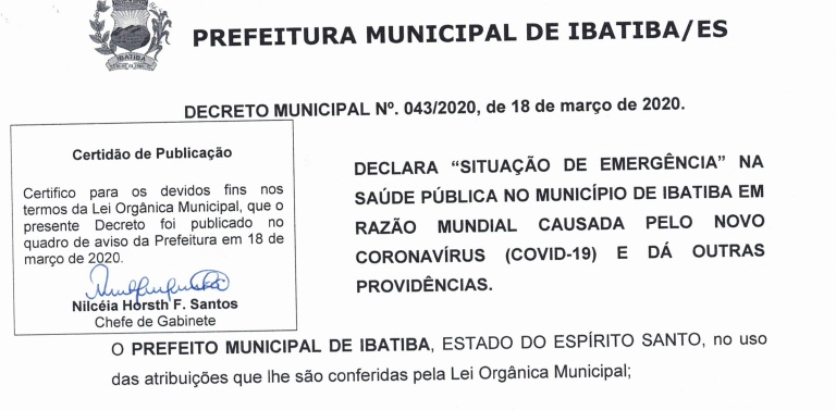 Prefeitura de Ibatiba decreta Situação de Emergência na Saúde Pública 