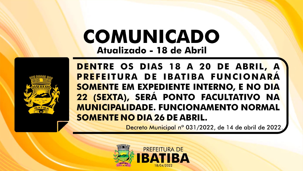 Ibatiba: Prefeitura terá expediente interno e ponto facultativo