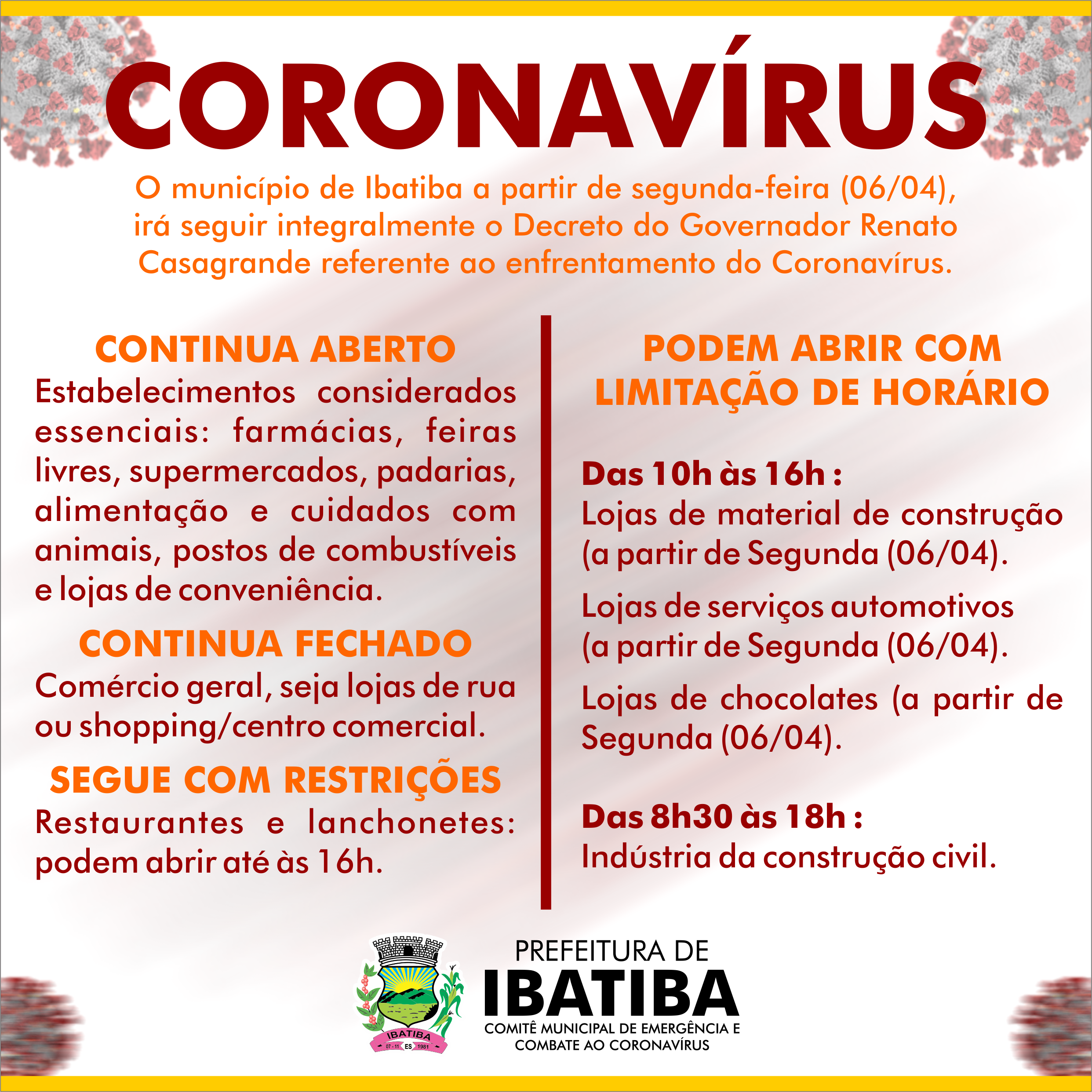 Coronavírus: Ibatiba a partir de segunda-feira (06/04), irá seguir integralmente o Decreto nº 4621-R do Governador Renato Casagrande