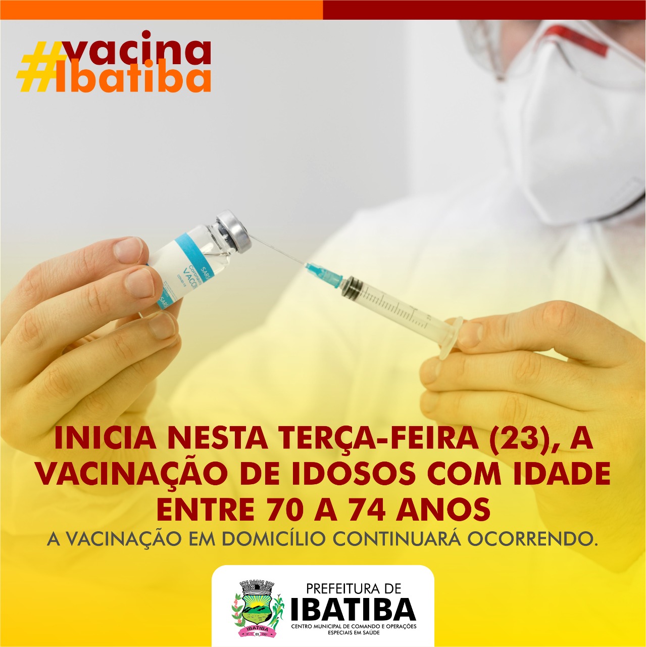 Ibatiba inicia vacinação de idosos entre 70 e 74 anos contra Covid-19 