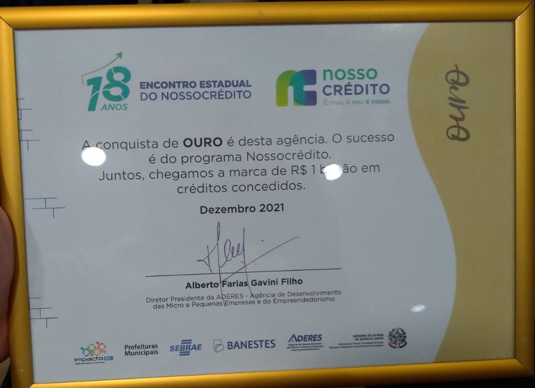 Agência Nossocrédito de Ibatiba atinge 100% da meta e conquista premiação Ouro